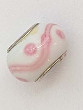 Pandora-Style White Glass 925 Silver Charm Bead w/Soft Pink Swirls & Dots